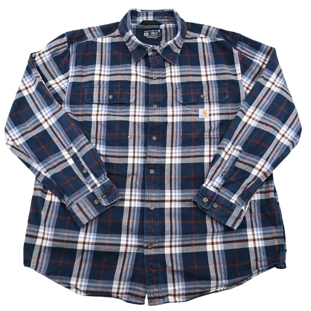 100% Cotton Carhartt Heavyweight Flannel Plaid Shirt Navy Blue Mens XL 105078